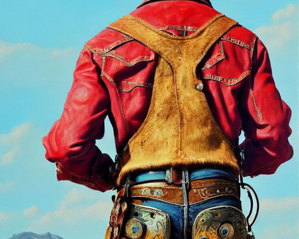 Cowboy with large hat and holstered gun in desert landscape under blue sky