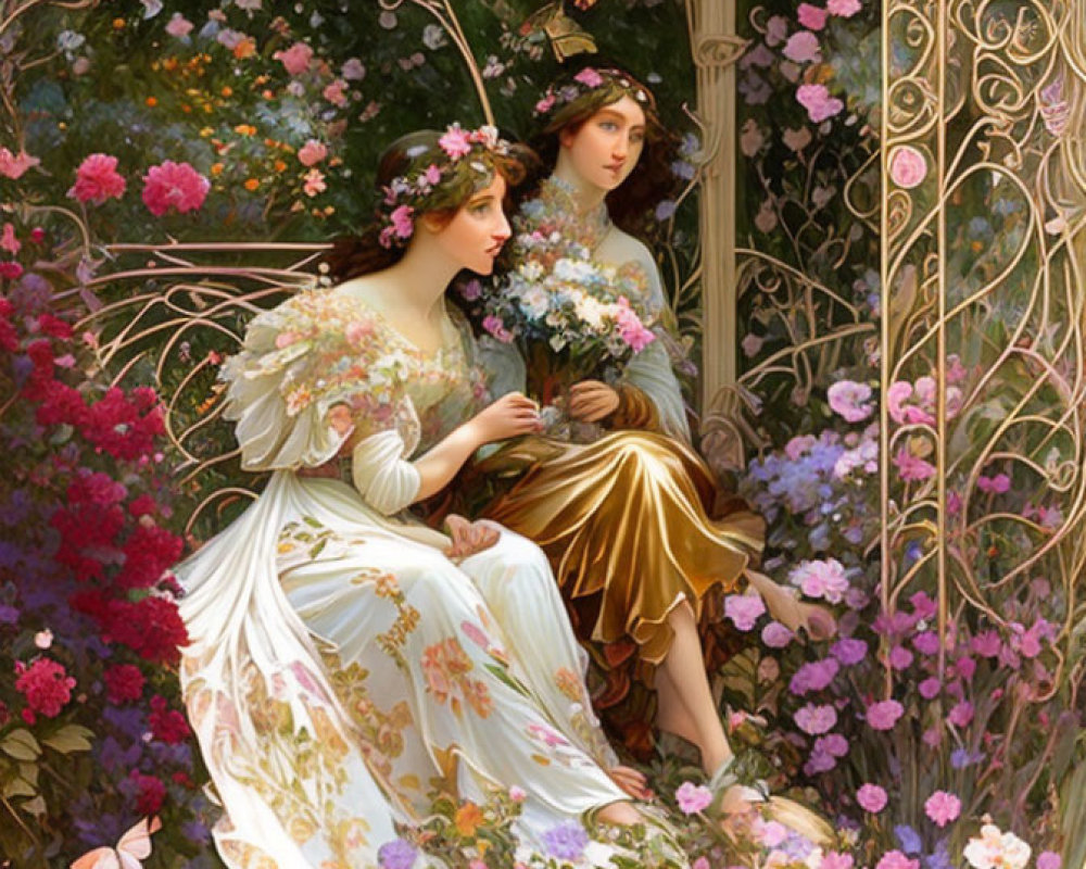 Ethereal women in gowns amid vibrant flowers and butterflies under ornate archway