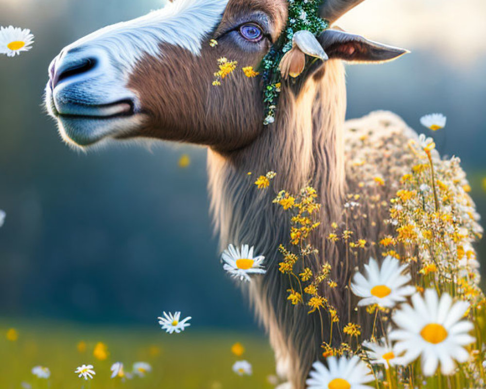 Majestic goat with large horns in a field of daisies