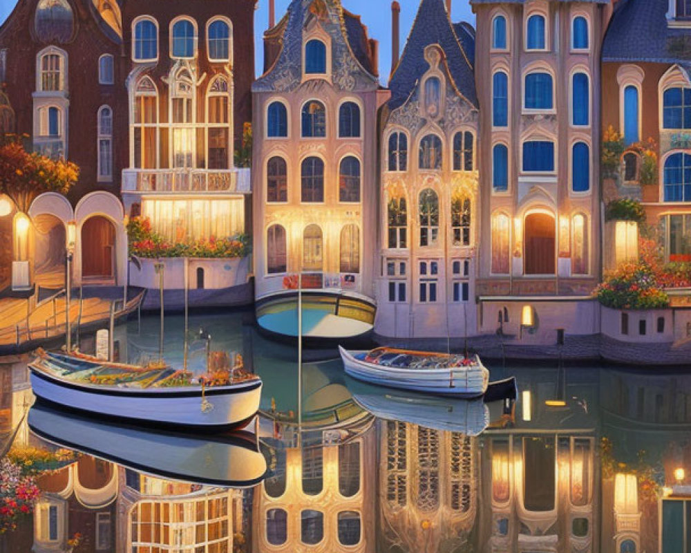 Colorful European-style buildings and boats reflected in calm water