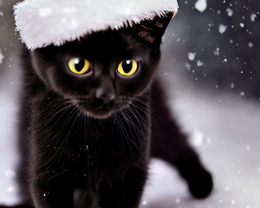 Black Cat with Yellow Eyes in Santa Hat Walking in Snowfall