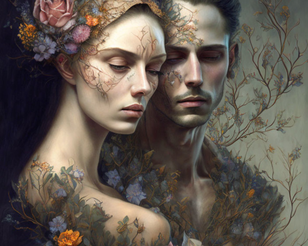 Illustration of man and woman embraced with floral elements symbolizing unity