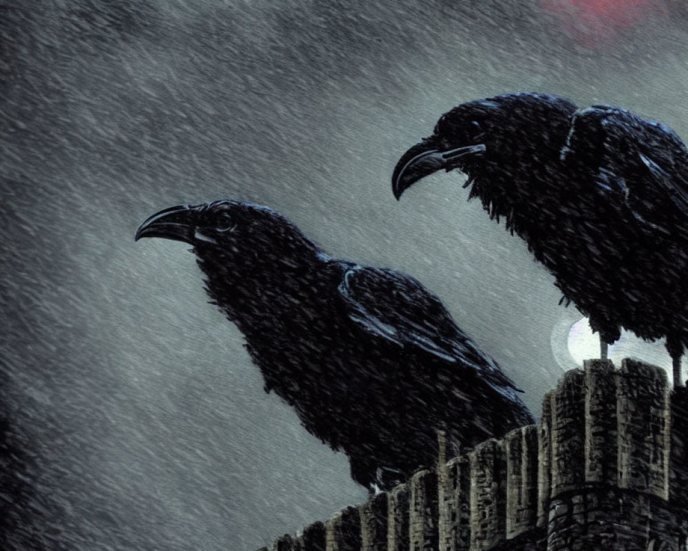 Two ravens on fence under gloomy sky with rain and distant red light