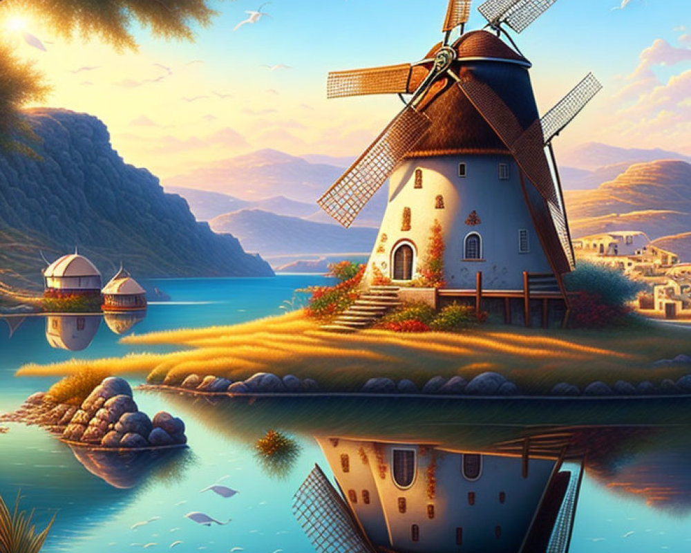 Windmill by Blue Lake: Serene Scene with Lush Greenery