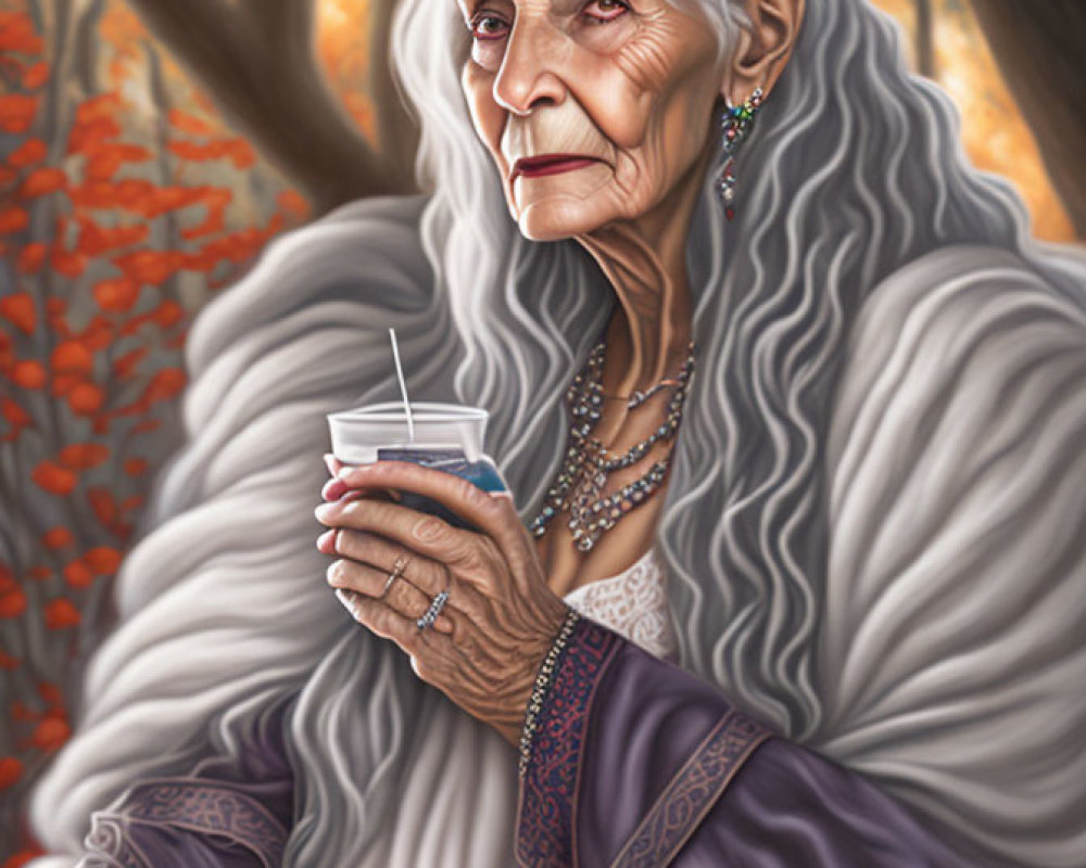 Elderly woman with gray hair holding blue drink in forest setting