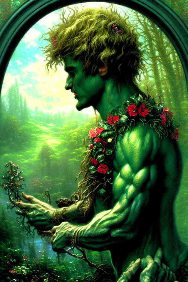 Green-skinned male figure with vine textures and red flowers in lush forest