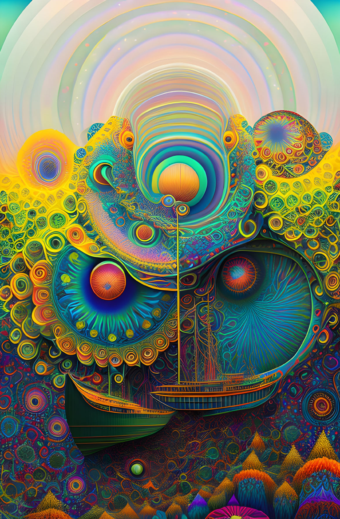 Colorful Psychedelic Artwork with Surreal Landscape and Boat