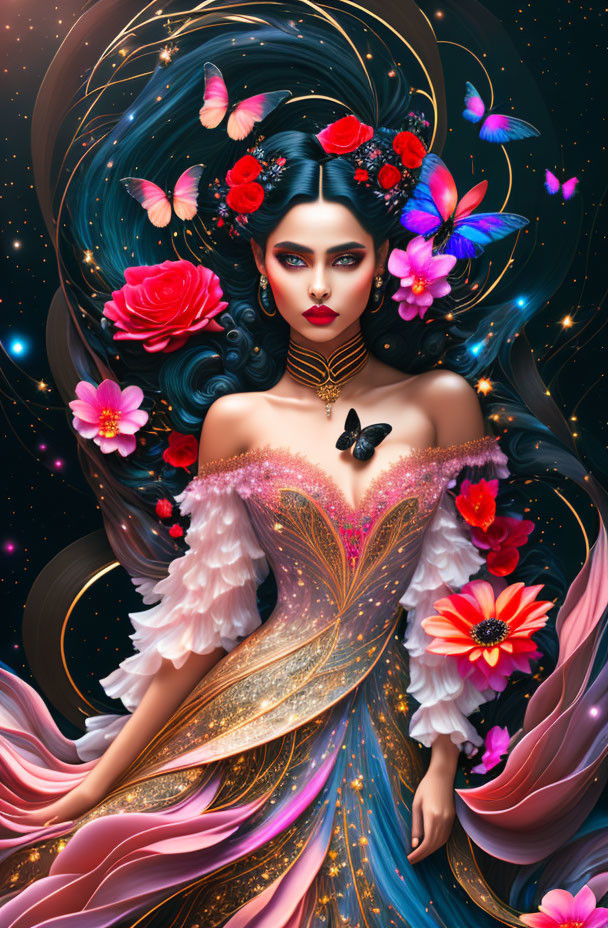 Fantastical digital artwork of woman with flowing hair and floral adornments