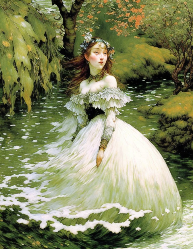 Woman in flower crown and white dress in lush forest by stream