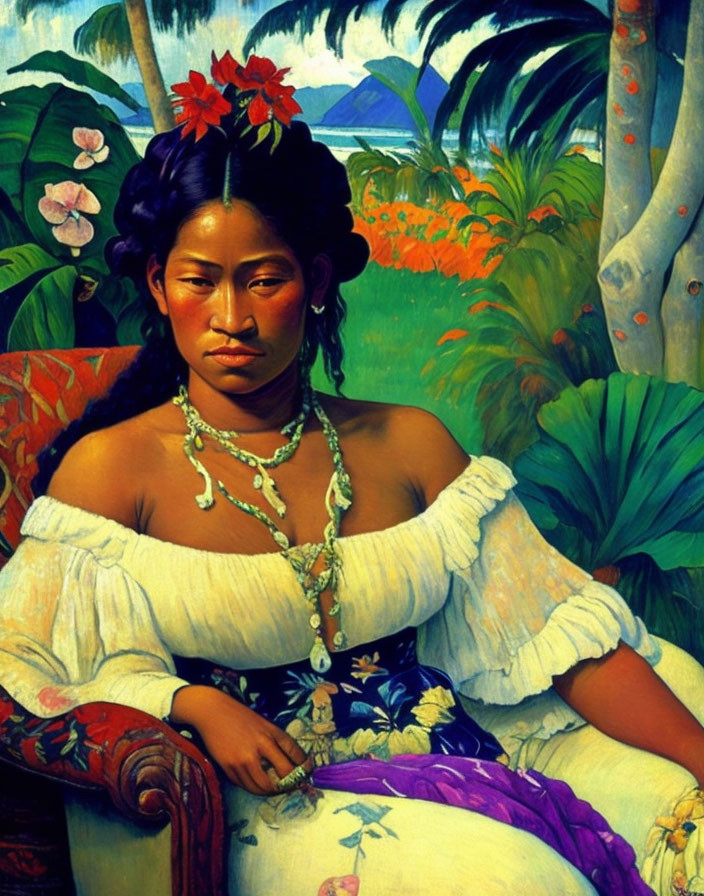 Seated woman in Polynesian attire with tropical plants.