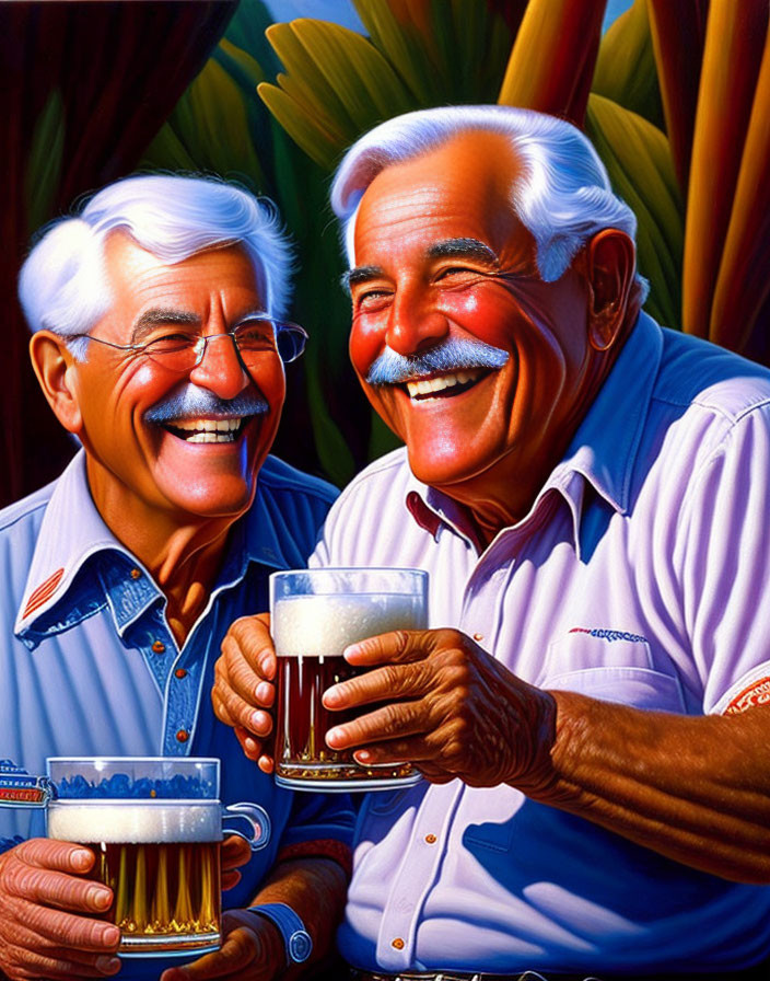 Elderly Men Toasting Beer Glasses in Tropical Setting