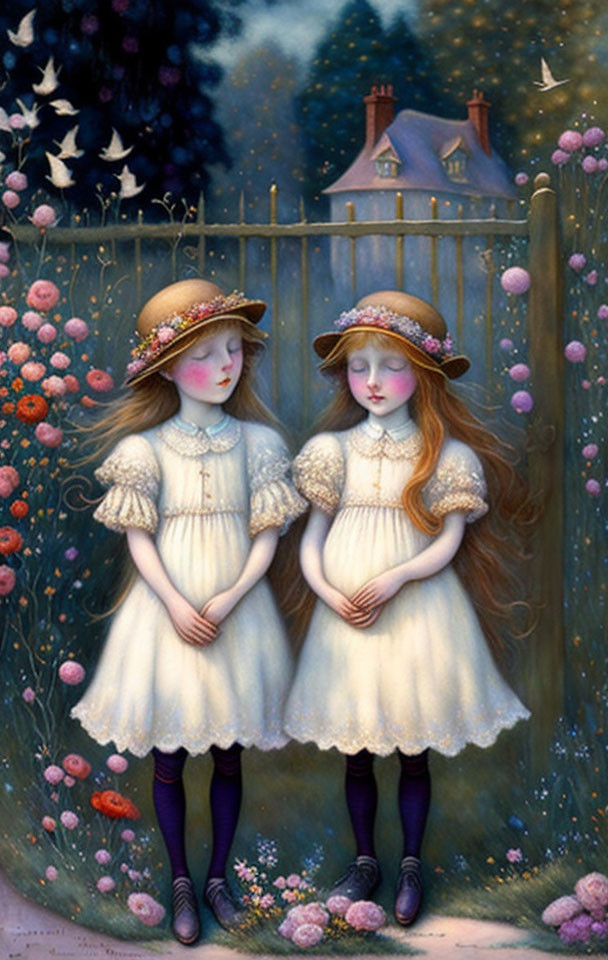 Illustrated girls in vintage dresses and straw hats by fence with quaint house and starry sky.