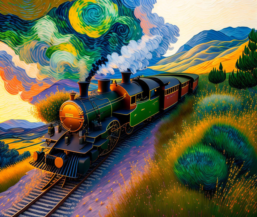 Colorful steam train in Van Gogh-inspired landscape