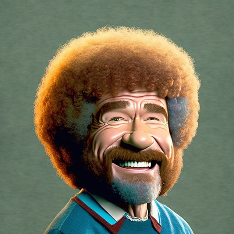 Cheerful man with large afro and bright smile in blue shirt