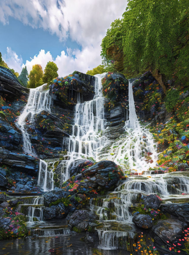 Vibrant wildflowers surround multi-tiered waterfall in nature scene