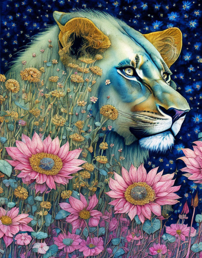 Vibrant lion face with night sky, pink flowers, and green foliage