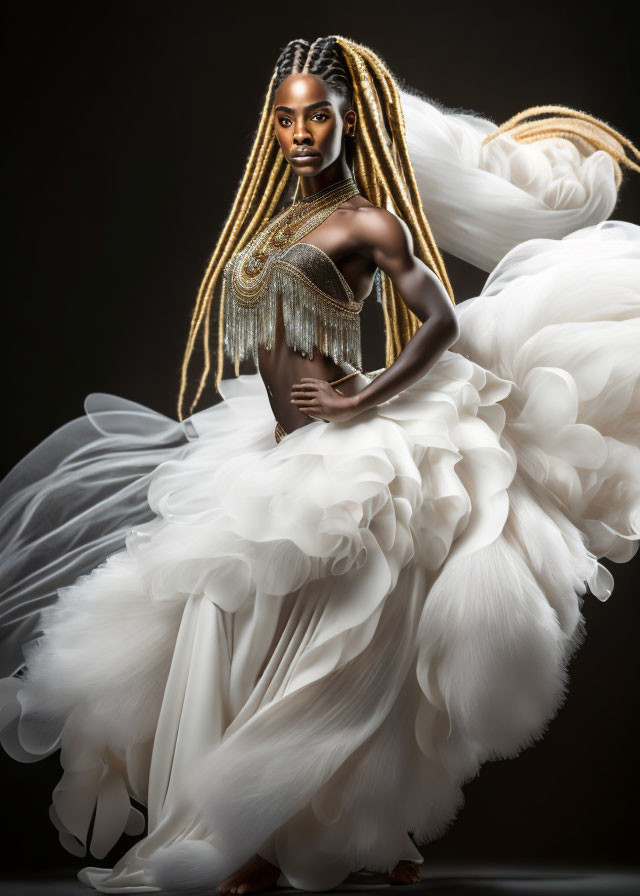 Striking makeup and braided hair woman in white ruffled skirt pose against dark backdrop