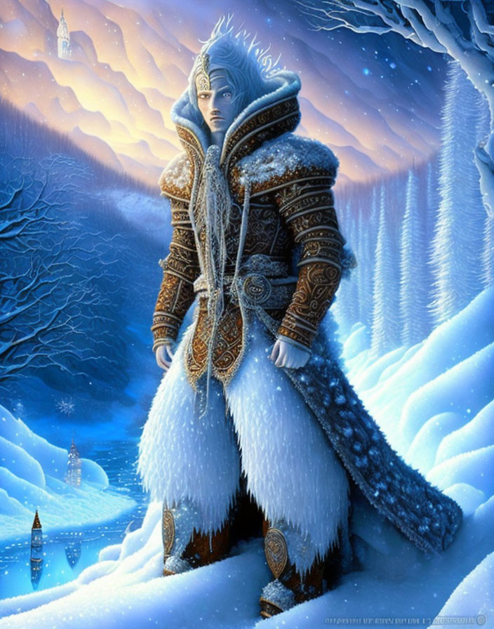 Illustrated character in ornate winter clothing in snow-covered forest with castle background