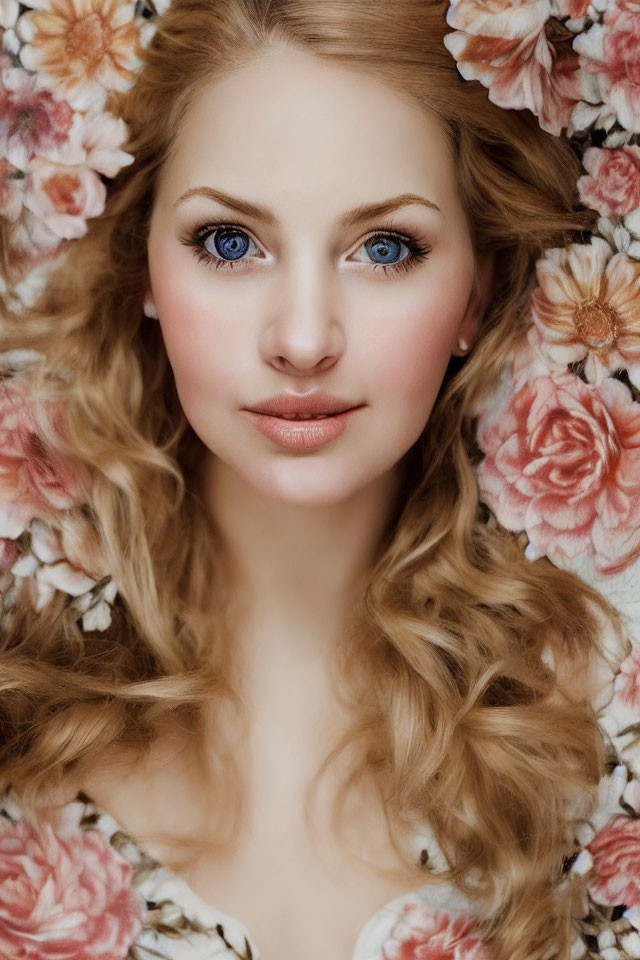 Blond Woman with Blue Eyes in Floral Setting