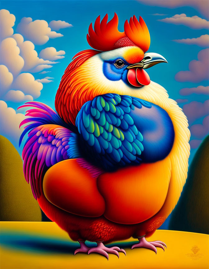 Colorful Rooster Illustration with Exaggerated Features in Vibrant Blues, Reds, and Y