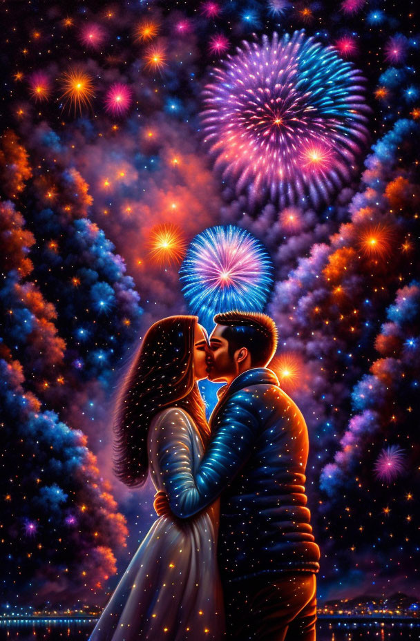 Couple kissing under vibrant fireworks display