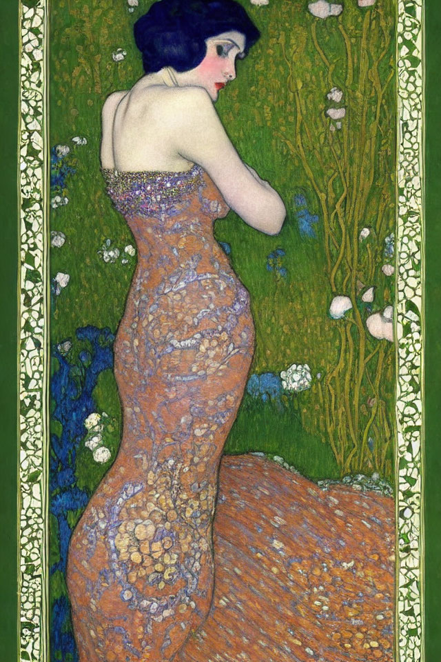 Woman in floral dress gazes over shoulder in Art Nouveau painting