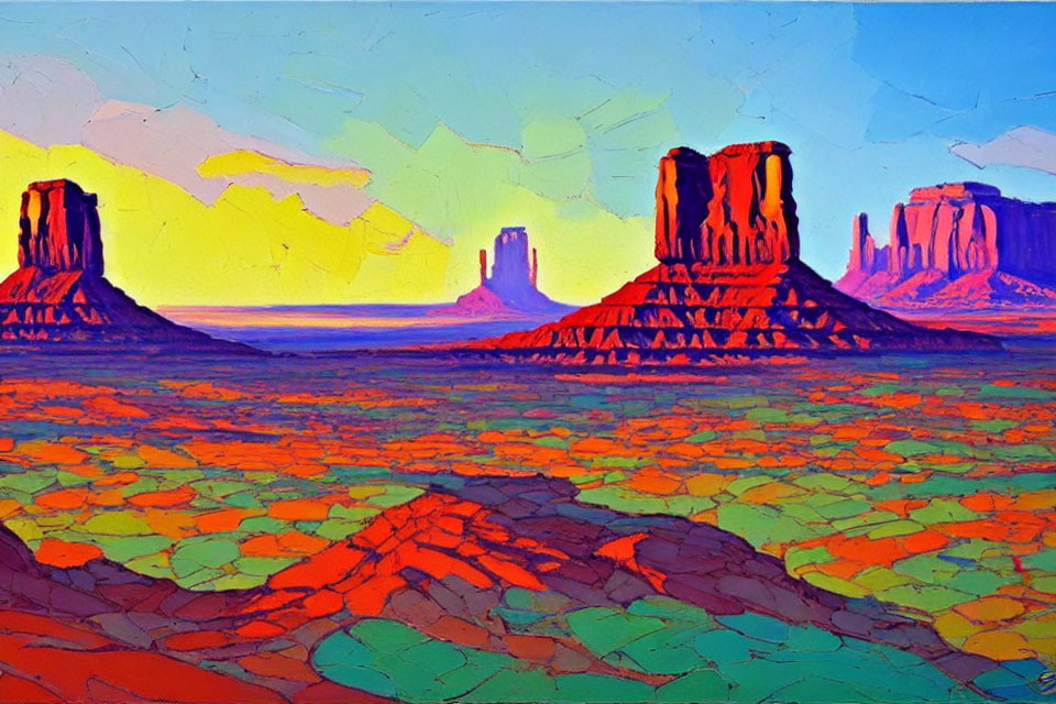 Colorful desert landscape painting with vibrant sky and three buttes.