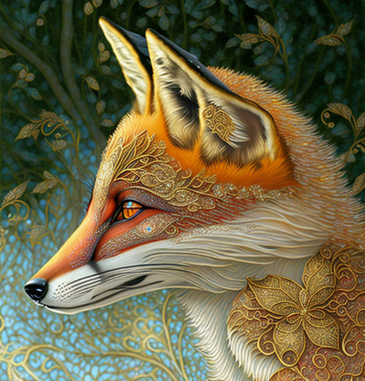 Majestic Fox with Golden Patterns on Teal Background