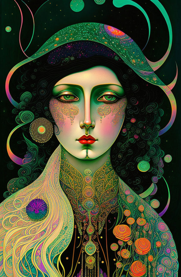 Colorful Stylized Woman with Green Skin and Cosmic Patterns