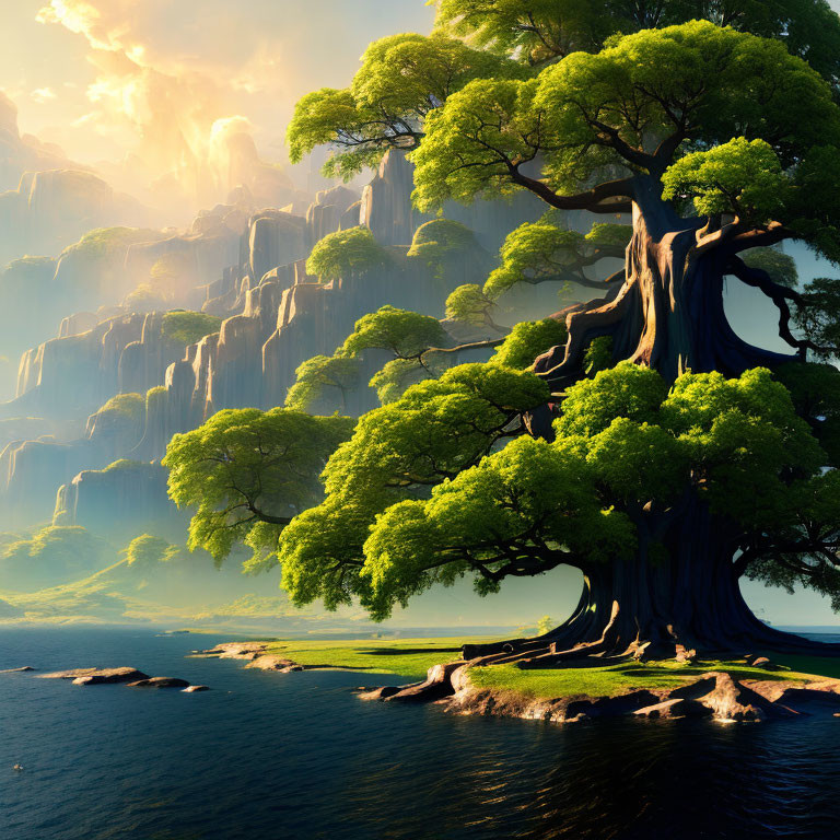 Majestic tree on islet with waterfalls and cliffs