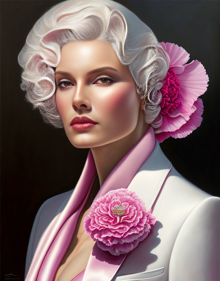 Stylized portrait of woman with silver hair, pink flower, brooch, and ribbon