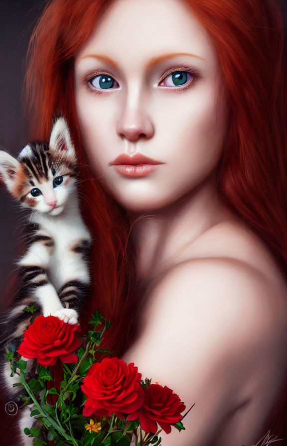 Woman with Long Red Hair Holding Kitten and Red Roses