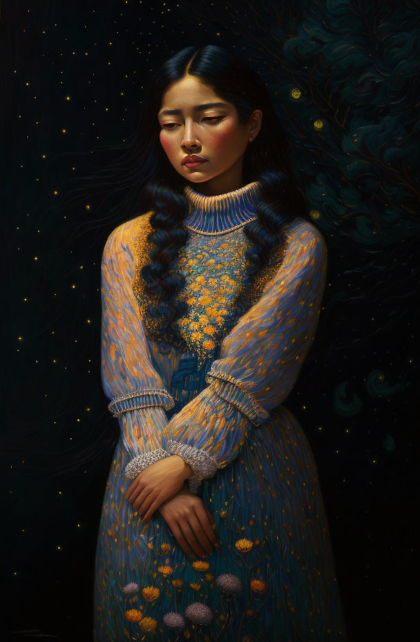 Portrait of woman with long dark hair in blue dress with yellow flowers against starry night sky