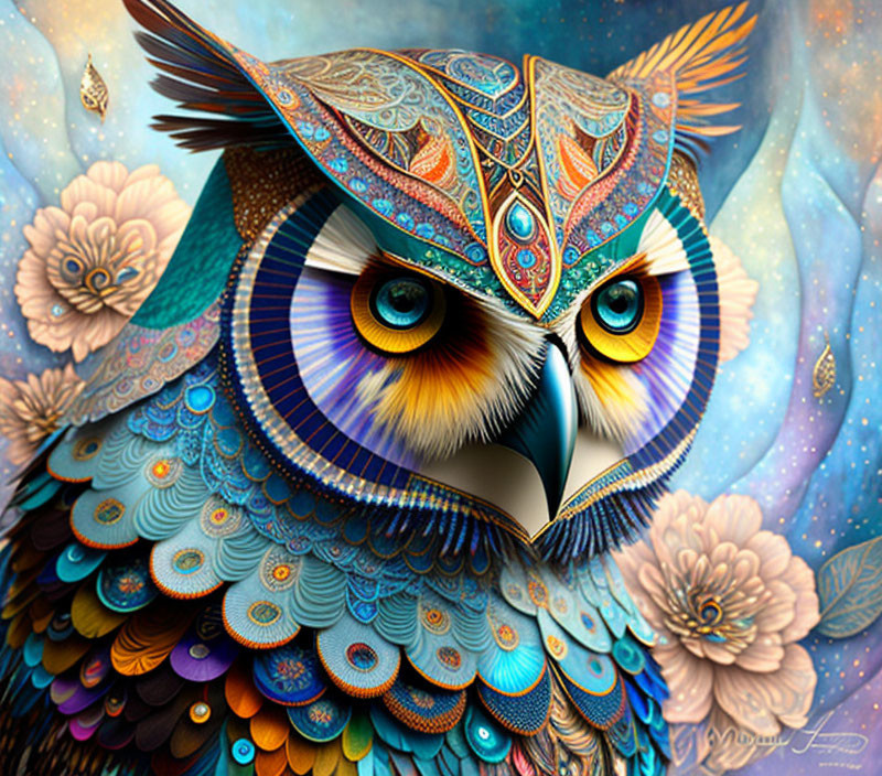 Colorful Stylized Owl Illustration with Floral and Celestial Background