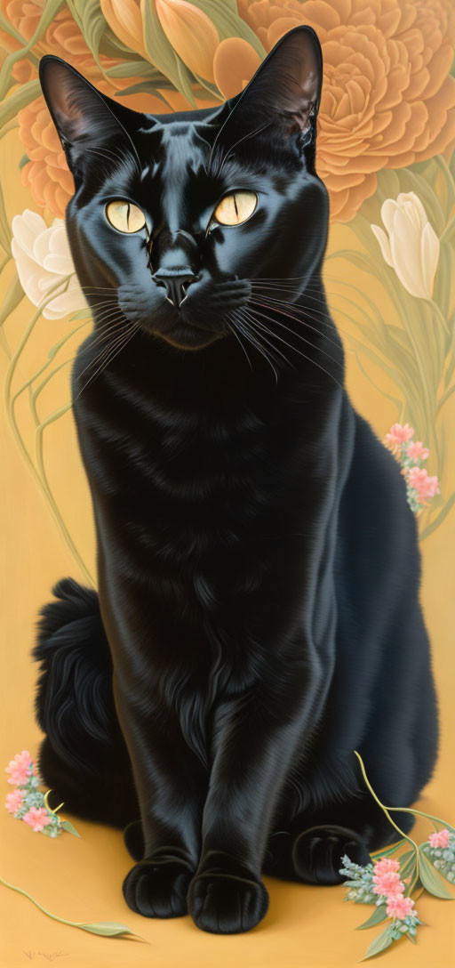 Digital Artwork: Black Cat Among Peach and White Flowers