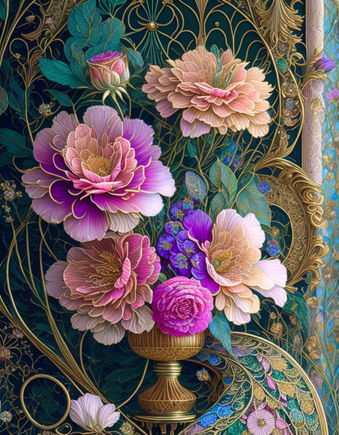 Detailed illustration of pink and purple flowers in a classical vase