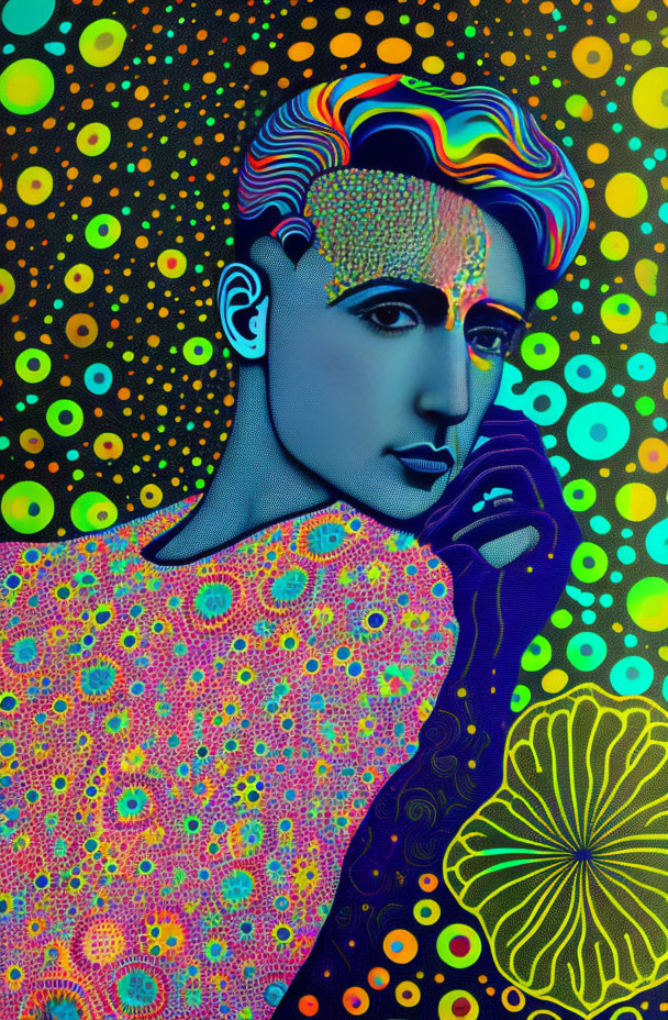 Colorful digital portrait with stylized skin against psychedelic background