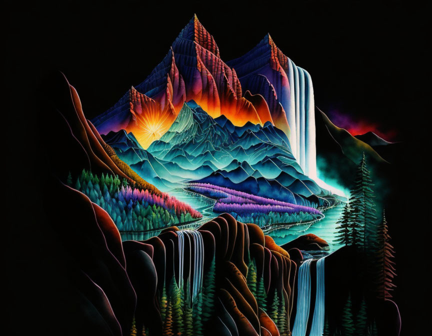 Neon-lit mountain landscape with waterfall and celestial sky