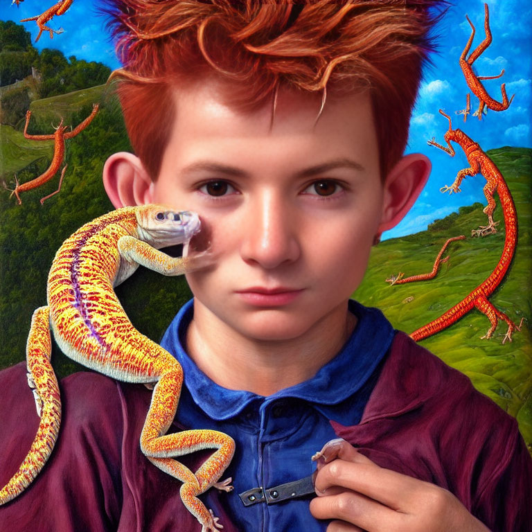 Surreal portrait of person with red hair, lizard on nose, floating lizards, blue sky