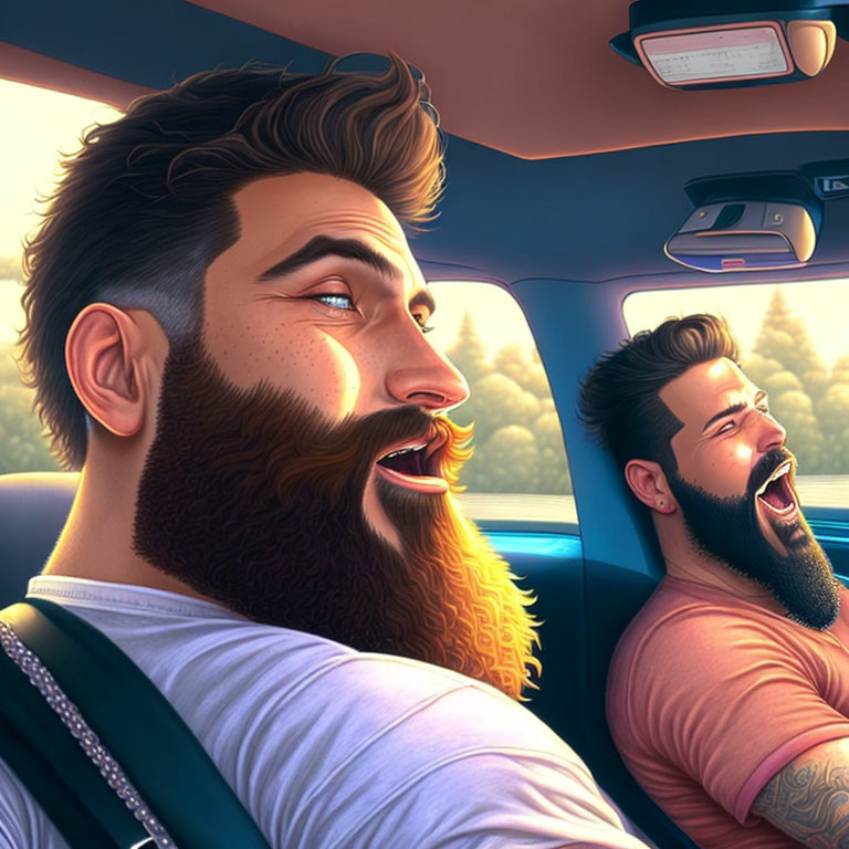 Bearded animated characters laughing in car with warm sunlight