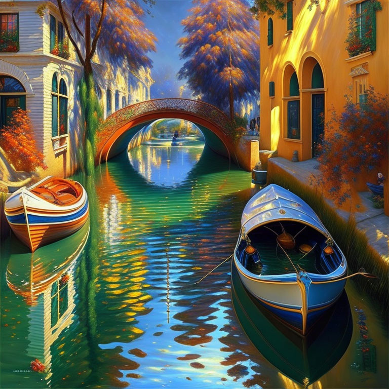 Tranquil canal scene with boats, arch bridge, and colorful foliage