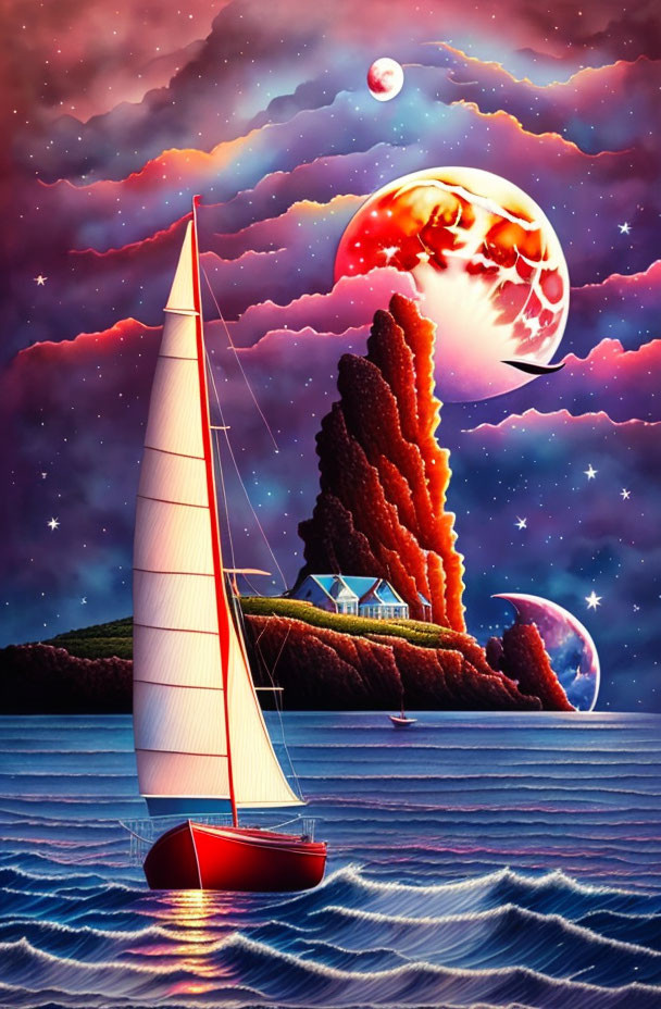 Colorful Surrealist Sailboat Artwork with Moons and Island House