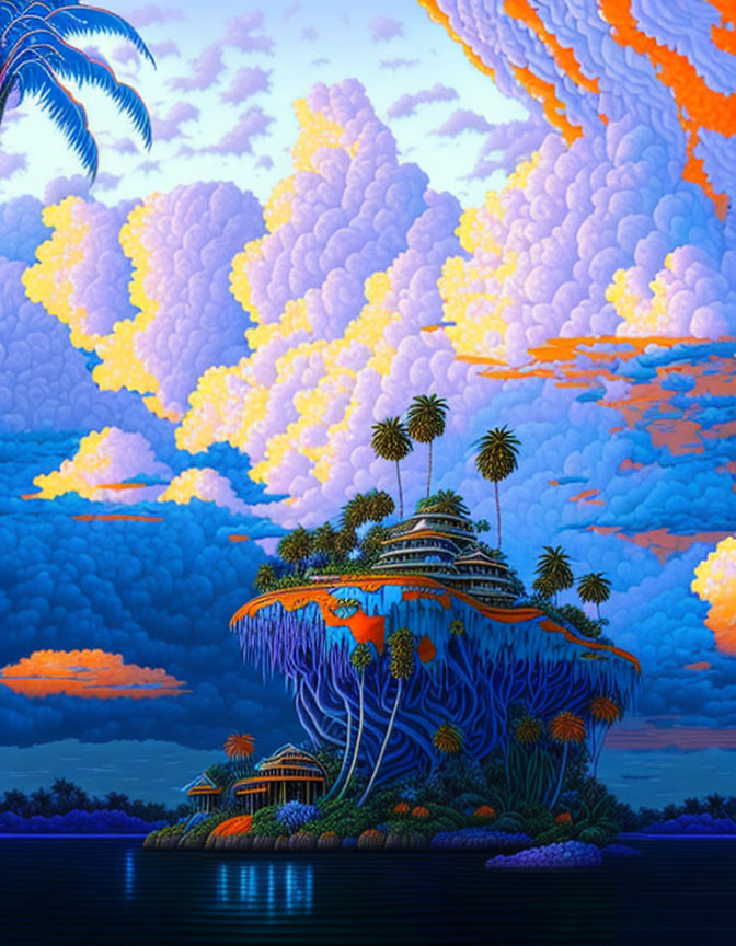 Colorful digital artwork of palm tree island under dramatic sky