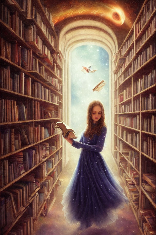 Young girl in blue dress reading in magical library with floating books