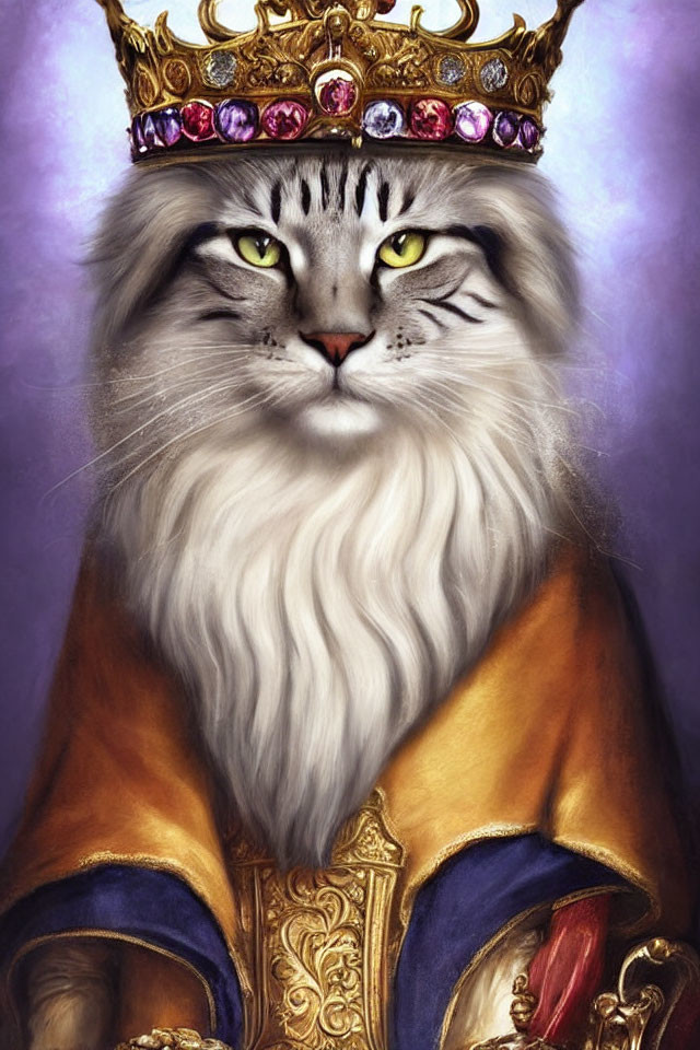 Regal white cat with golden crown and royal robes