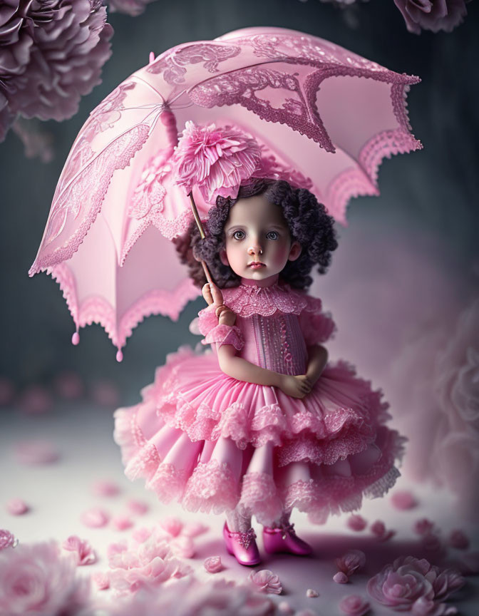 Victorian-style doll girl in pink dress with lace umbrella and flowers