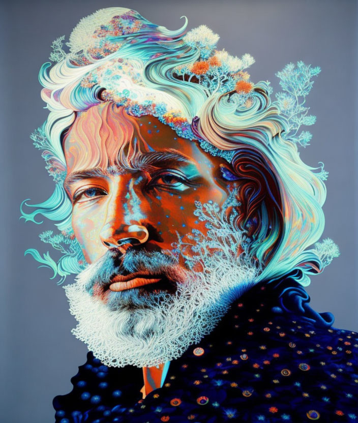 Colorful portrait of a man with beard and mustache, adorned with neon coral and marine elements