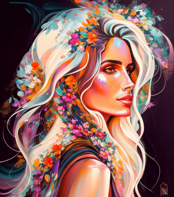 Colorful Flower-Adorned Woman Artwork on Dark Background