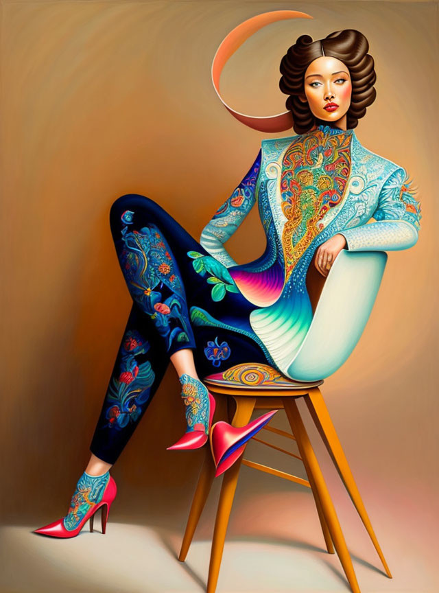 Vibrant illustration of stylized woman in peacock bodysuit sitting on chair