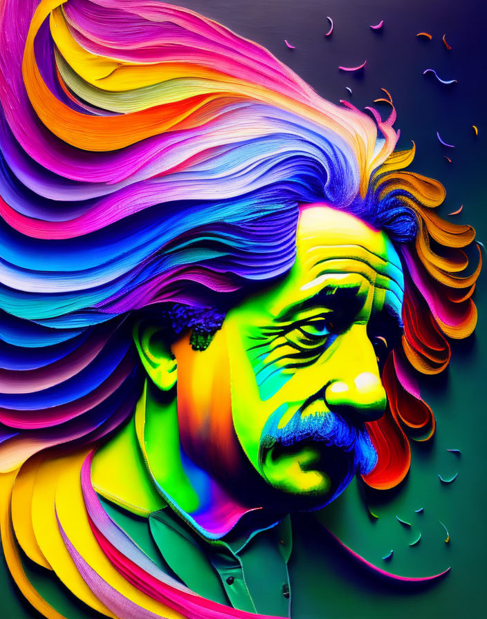 Colorful portrait of a man with vibrant, flowing hair and bold mustache on gradient backdrop